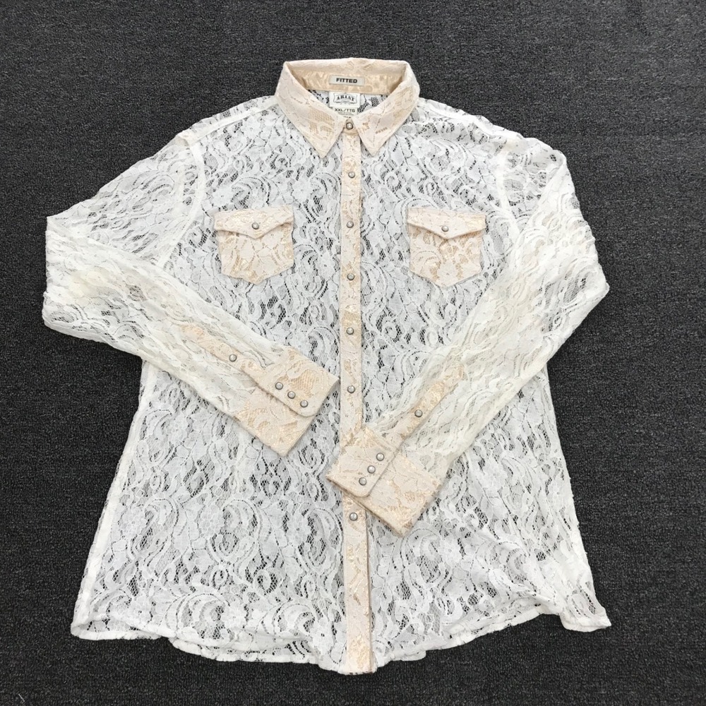 Ariat Womens XXL White Floral Lace Western Snap Shirt Fitted Tan Trim L/S - Picture 2 of 10